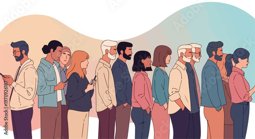 Diverse people standing in line, crowd of men and women waiting in queue, flat vector illustration of social gathering and community