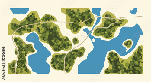 Abstract Top-Down Map Illustration of Green Forests, Blue Lakes, and Winding Roads