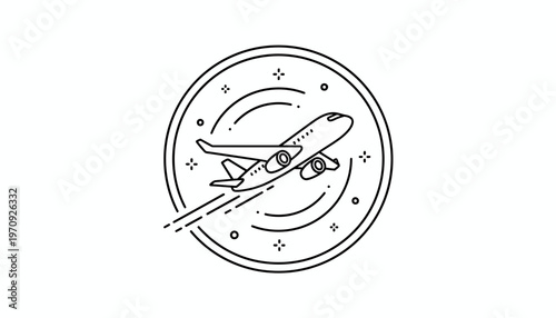 Airplane taking off, travel concept, vector illustration, line art, circular design