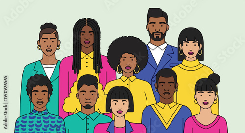 Diverse multicultural community portrait, group of people with different ethnicities and hairstyles, inclusive society vector illustration in flat style