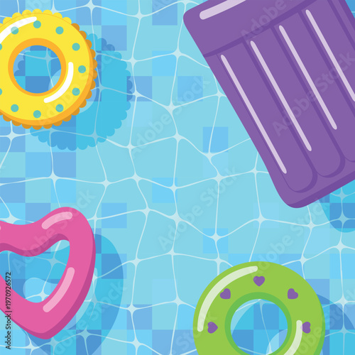 Cute pool floats flat vector illustration with inflatable rings heart tube and mattress in blue water for summer vacation and party branding