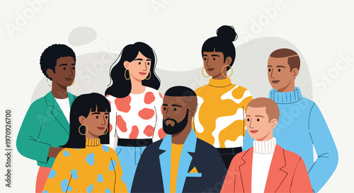 Diverse multicultural community of young professionals, group of men and women in modern flat vector style, inclusive team illustration