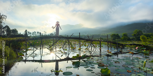 Woman on Bamboo Bridge Tra Ly Lotus Pond Vietnam Sunrise