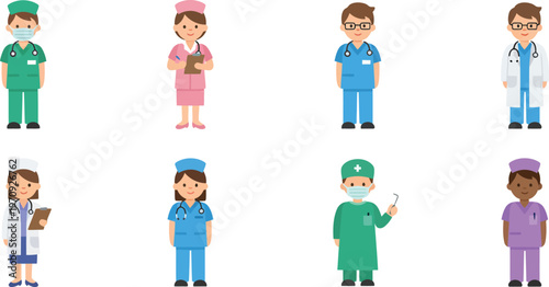 Healthcare Worker Vector Set – Doctors and Nurses Characters in Scrubs, White Coat and Medical Uniforms Flat Design