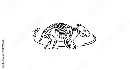 360 Degree View of Animal Skeleton Icon, Dinosaur Fossil Outline, Scientific Illustration