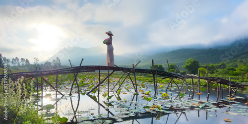 Vietnamese Woman White Dress Lotus Pond Bridge Tra Ly Sunrise