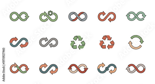 Infinity and Recycling Symbols Set, Continuous Loop Icons, Sustainable Process Concepts