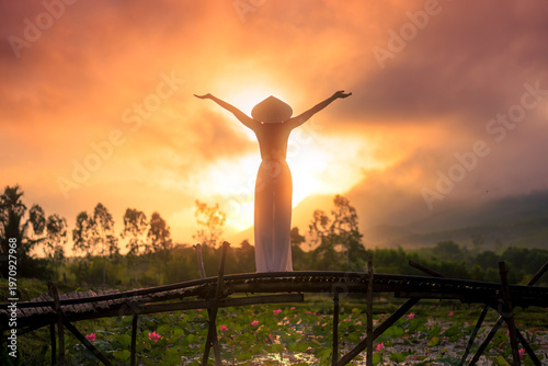 Freedom at Sunset Vietnamese Woman Lotus Pond Vietnam