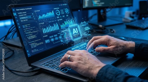 AI automation and data flow on laptop screen with machine learning dashboard and hands typing on keyboard for advanced artificial intelligence software development and business analytics