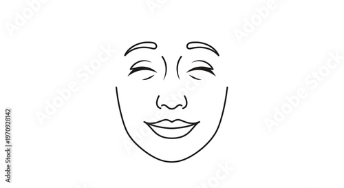 Joyful Face Outline, Closed Eyes, Smiling Mouth, Happiness Expression, Minimalist Line Art
