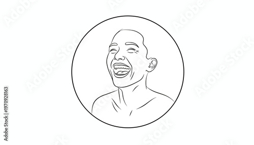 Joyful Man Laughing, Expressive Face, Line Art Portrait, Circle Icon