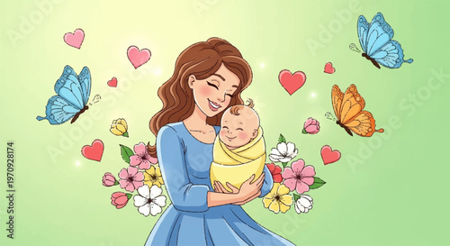 Mother cuddling newborn baby with butterfly and floral accents