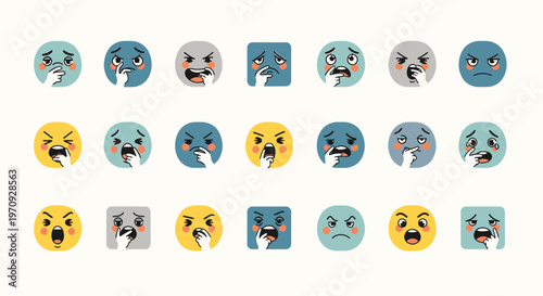 Vibrant collection of expressive cartoon emoji characters with diverse facial expressions, showcasing a spectrum of human feelings from anger to surprise and contemplation in flat vector design