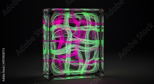 Glass Block With Colored Lines in a Dark Setting Showing Bright Pink and Green Patterns