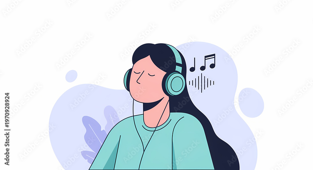 Obraz premium Illustration of woman listening to music with headphones and musical notes