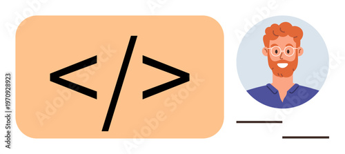 Web development, coding education, online learning, programming services, software creation, and IT support. HTML code symbol next to a smiling programmer avatar. Web development and coding education