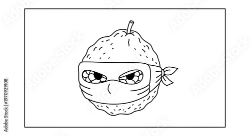 Funny Cartoon Pear Ninja with Mask and Bandana, Black and White Line Art