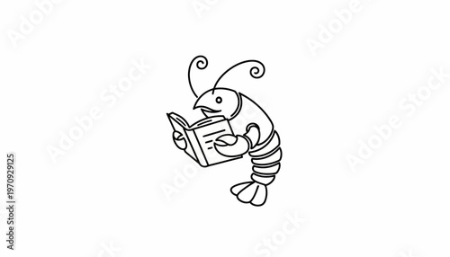 Funny cartoon shrimp reading a book, isolated on white background.
