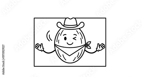 Funny cartoon walnut cowboy winking and waving, isolated on white background