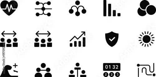 Collection of black and white business and technology icons