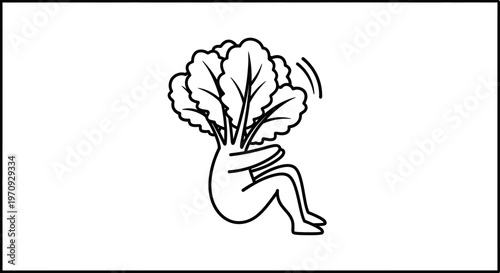 Funny mandrake root character with leaves, cartoon style, falling or struggling