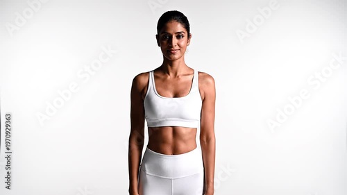 A fit South Asian woman with an athletic build posing in white sportswear against a white studio background, showcasing her toned abdominal muscles and fit physique in a sports portrait.