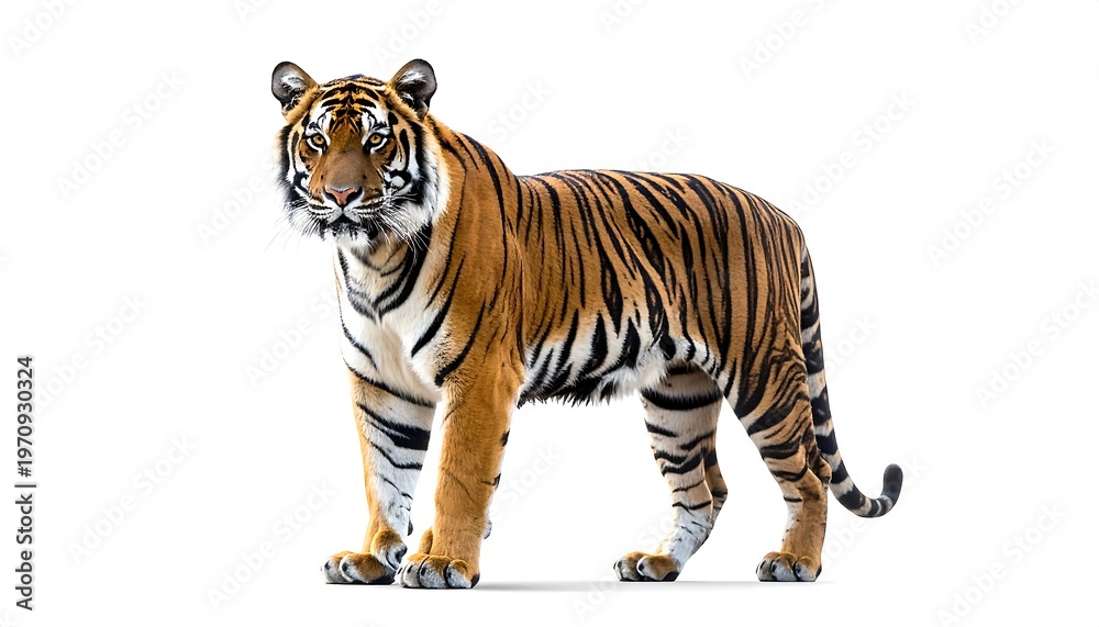 Obraz premium A majestic tiger, standing tall with its striking orange and black stripes, against a pure white background