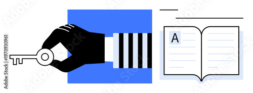 Education, knowledge sharing, cybersecurity, data access, learning, and intellectual property. A hand holding a key beside an open book. Education and knowledge sharing concepts