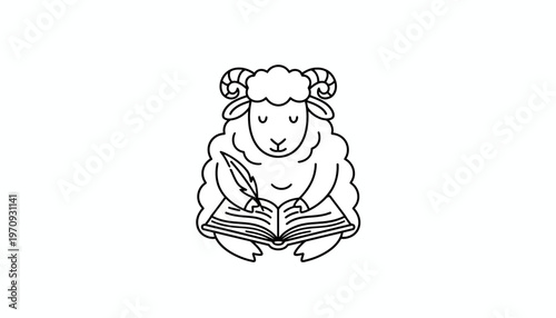 Cute sheep reading a book and writing with a quill pen, vector illustration