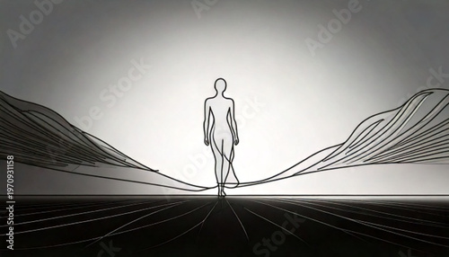 Man Standing Between Two Abstract Particle Waves.