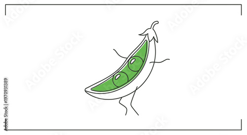 Dancing Pea Pod Character with Three Peas, Cartoon Style, Healthy Food Concept