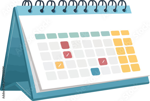 a colorful calendar on a desk for planning and organization with a blue background, useful for business, education, or personal use