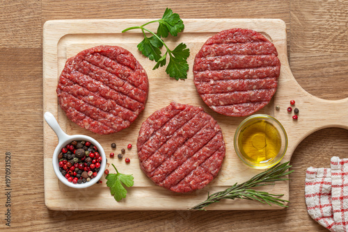 Raw beef burger patties