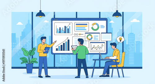 Business team analyzing data charts and graphs in modern office