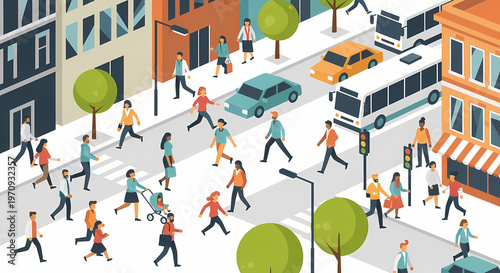 Isometric city street with pedestrians crossing and vehicles stopped at traffic lights
