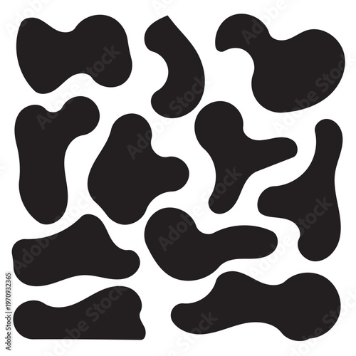 Black organic splash and blot shapes with uneven watery edges. Simple liquid vector set for backgrounds frames splatter graphics and abstract design compositions in eps 10.