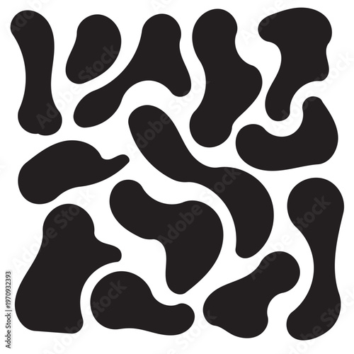 Black organic splash and blot shapes with uneven watery edges. Simple liquid vector set for backgrounds frames splatter graphics and abstract design compositions in eps 10.