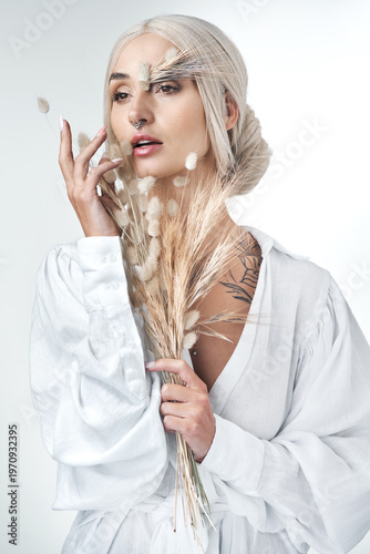 Tableau sur toile Think, beauty or woman with wheat in studio for creative art, natural or organic on white background