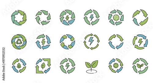 Recycling and Renewable Energy Icons Set - Sustainable Eco-Friendly Symbols