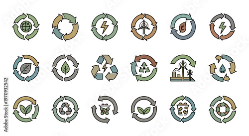 Recycling and Renewable Energy Icons Set - Sustainable Environment Concepts
