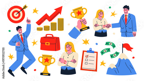 Set of career success elements. Business, office work, developing strategy concept. Flat vector illustration isolated on white background.