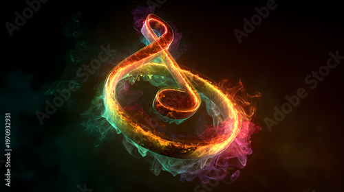 Neon musical note in radiant smoke ring with reggae dancehall glow on dark abstract design