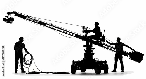Film crew operates large camera crane on set with technicians
