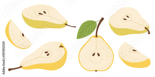 Pear Fruit Set with Whole and Sliced Pieces. Fresh Organic Pears with Leaf. Minimal Flat Vector Illustration. Isolated on White Background