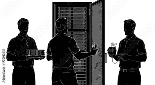 Three technicians installing hardware in a server room with equipment