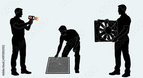 Workers installing image processing technology with heat sinks and fans in industrial settings