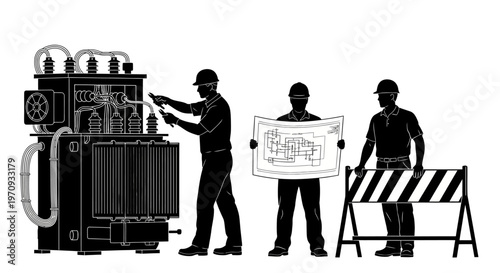 Workers operate industrial equipment with a barrier nearby