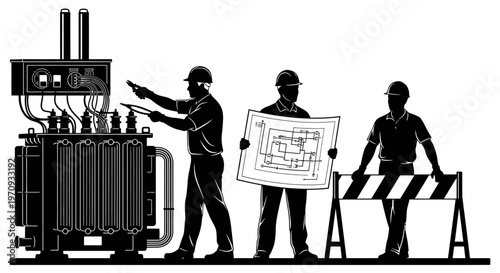 Workers in a factory setting operate and inspect industrial equipment with blueprints