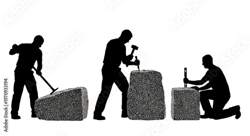 Construction workers building with stone blocks in a quarry site using tools