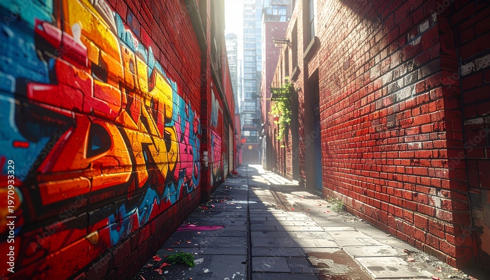 Fototapeta premium Vibrant Urban Alleyway with Colorful Graffiti and Sunlight.